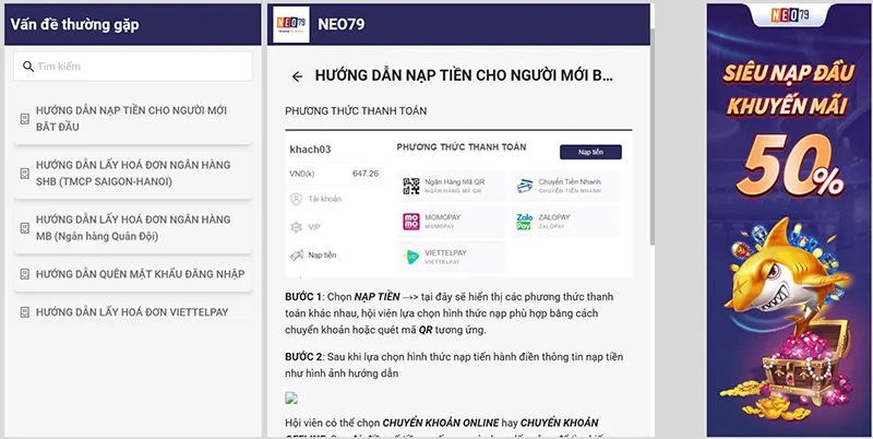 NEO79 hỗ trợ vấn đề thanh toán cho người chơi